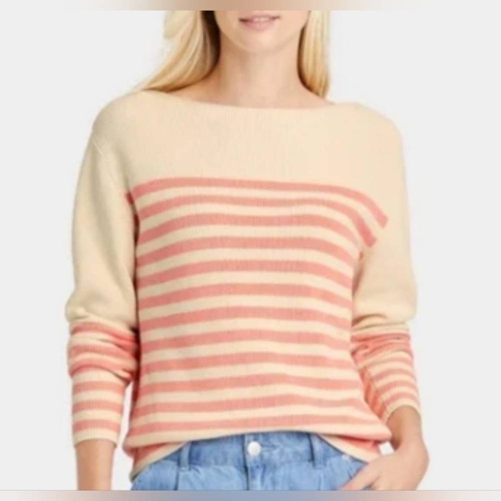 NWT - Who What Wear Boat Neck Pullover Striped sweater Coral & Cream. S